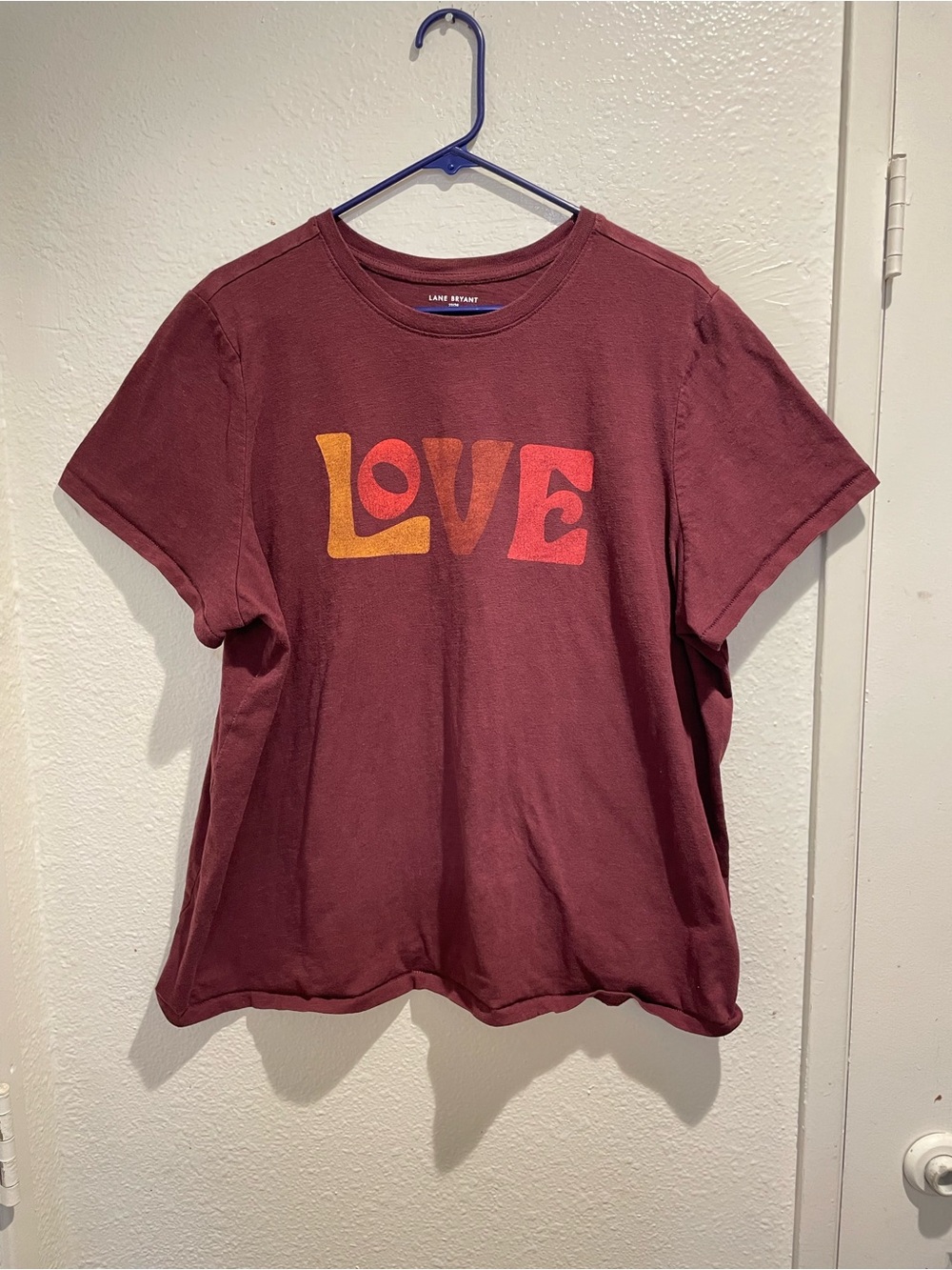 🍂 Retro 70s Boho Lane Bryant Maroon LOVE Graphic Tee Plus 22/24 3X
